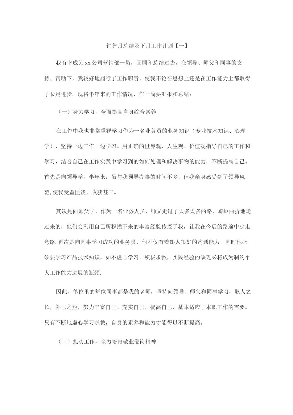 销售月总结及下月工作计划_第1页