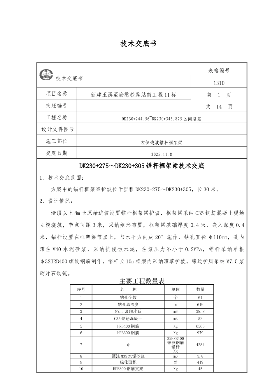 锚杆框架梁技术交底_第1页