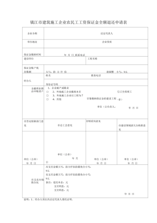 镇江市建筑施工企业农民工工资保证金全额退还申请表