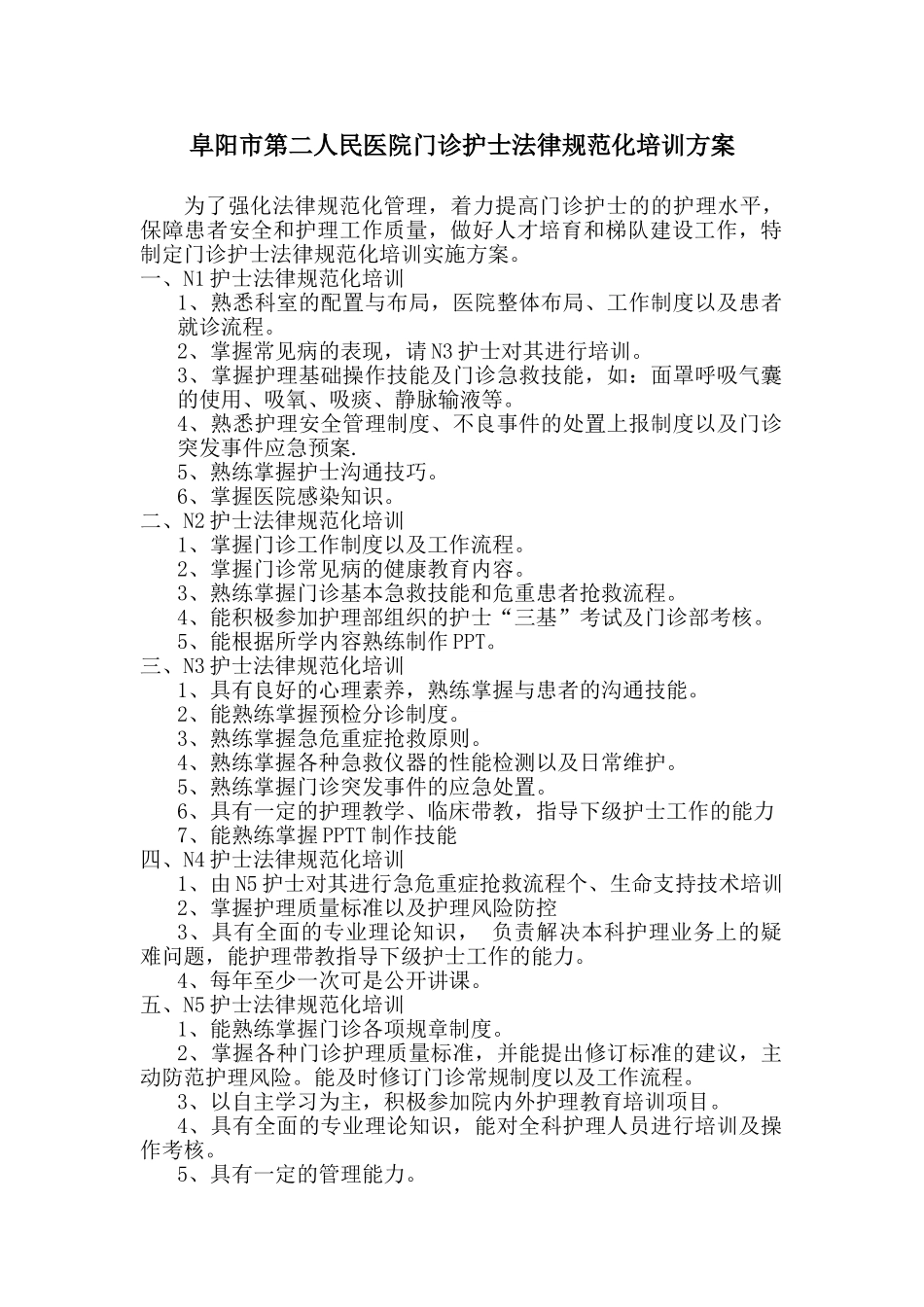 阜阳市第二人民医院门诊护士规范化培训方案_第1页