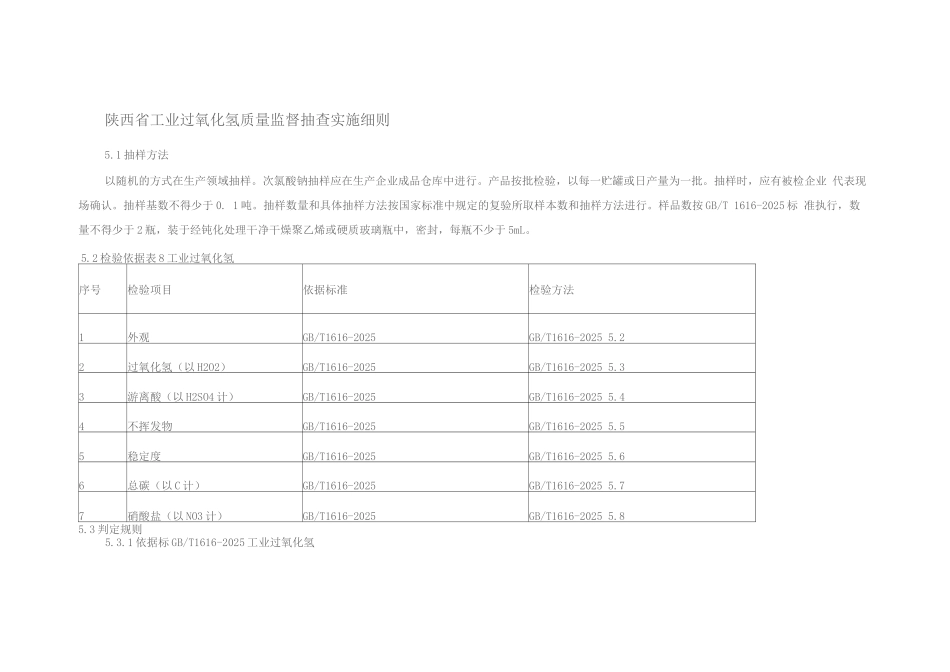 陕西省工业过氧化氢质量监督抽查实施细则_第1页