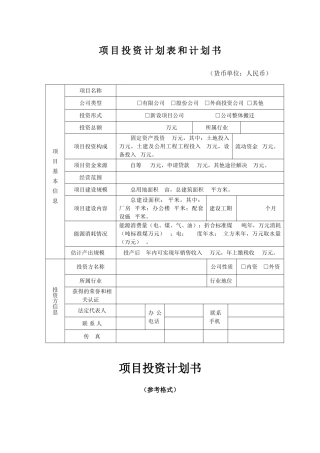 项目投资计划表和计划书