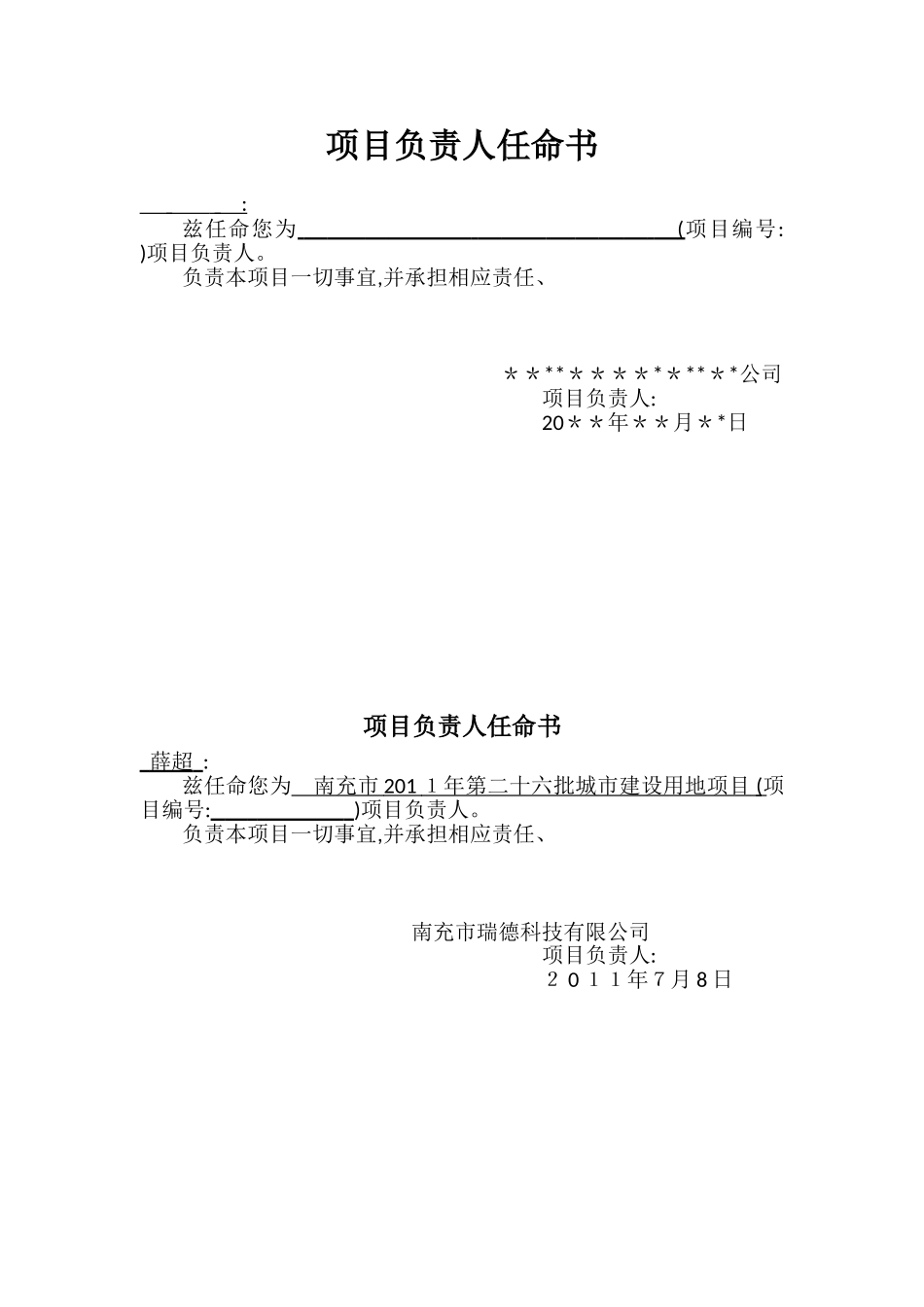 项目负责人任命书_第1页