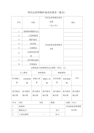 项目运营和维护成本估算表
