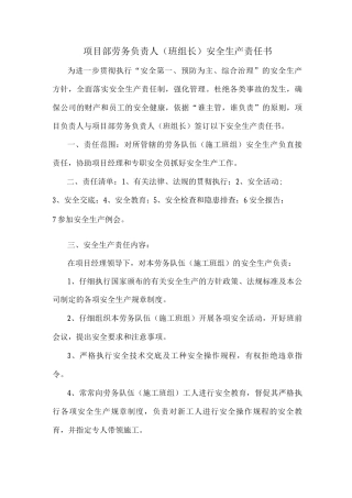项目部劳务负责人安全生产责任书