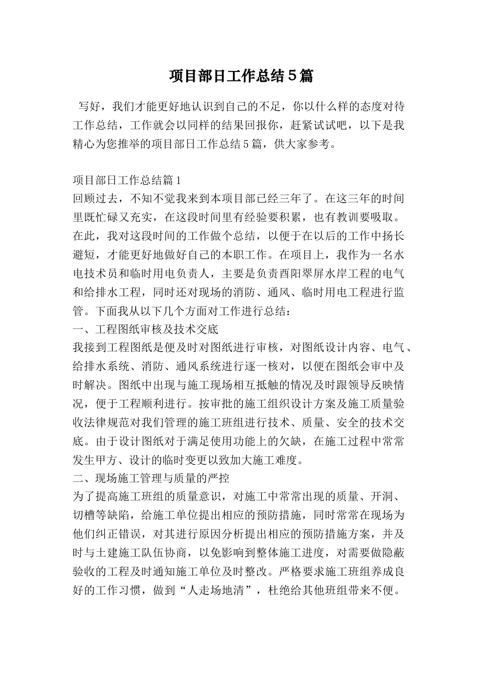 项目部日工作总结5篇_第1页