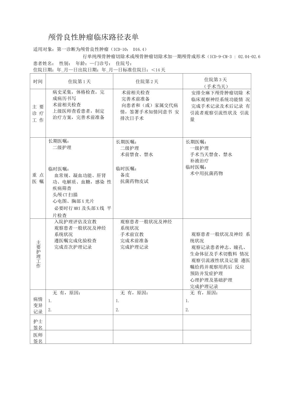 颅骨良性肿瘤临床路径表单_第1页