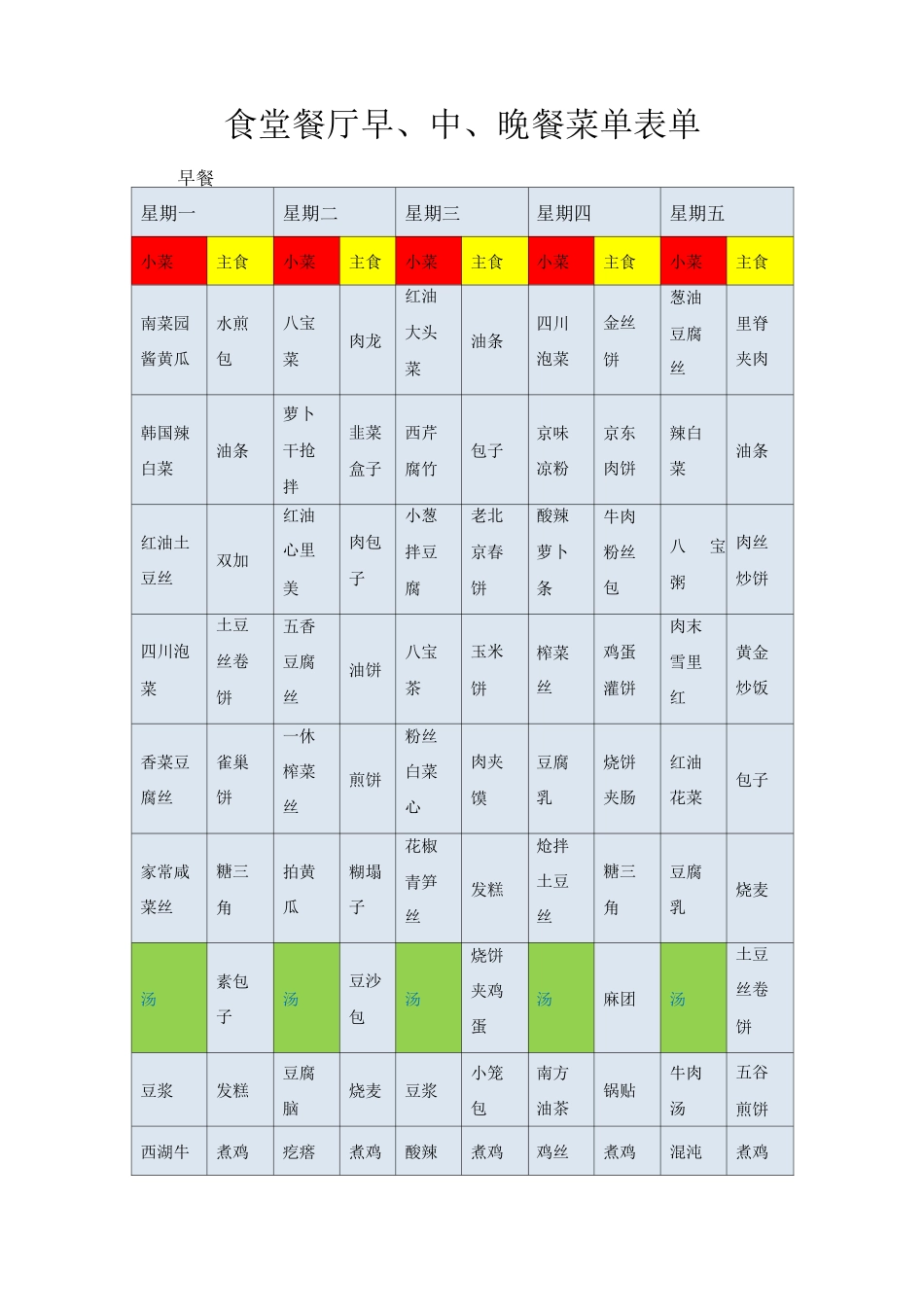 食堂餐厅早、中、晚餐菜单表单_第1页