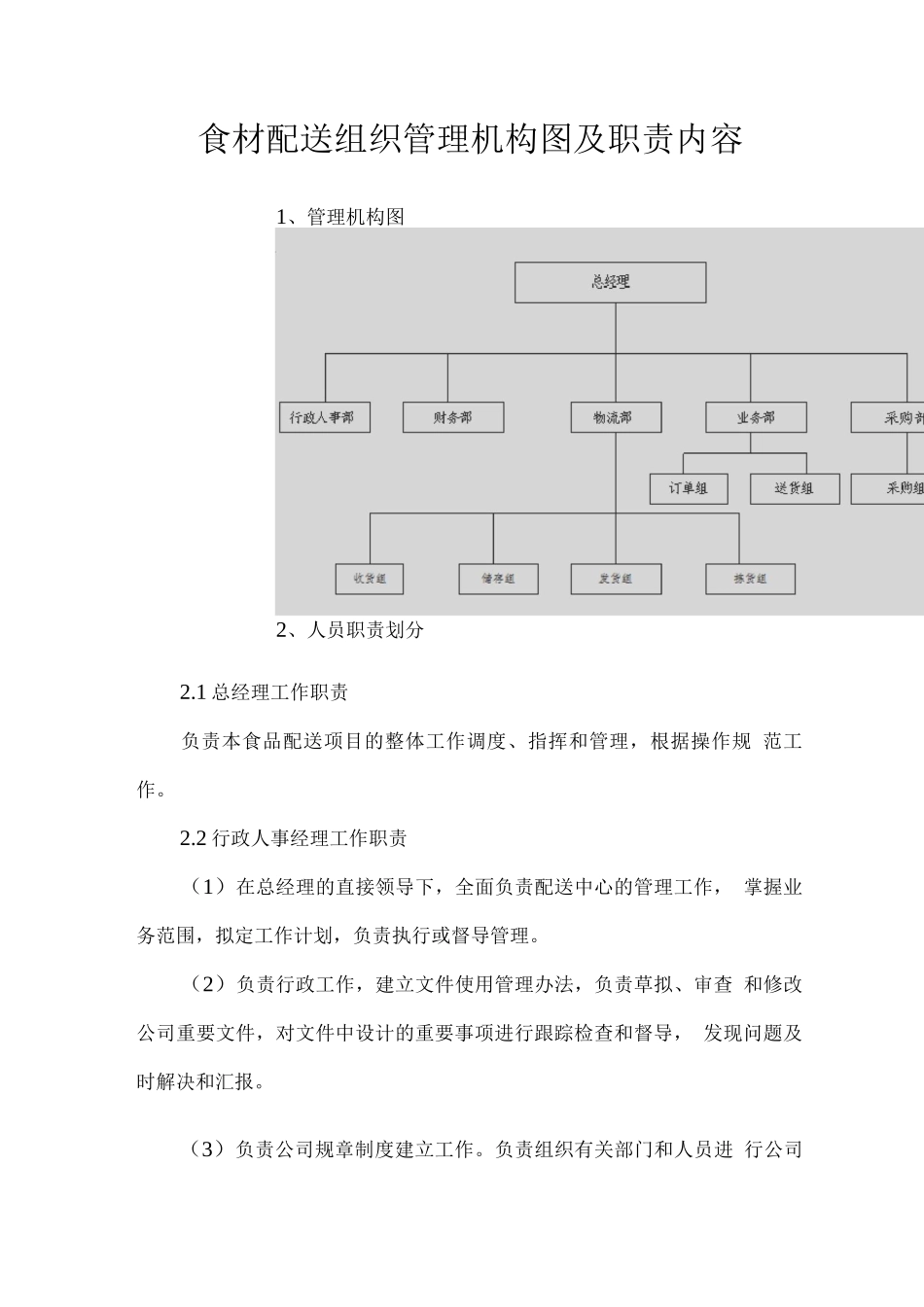 食材配送组织管理机构图及职责内容_第1页