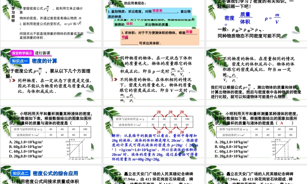 2024人教版八年级物理上册第六章第2课时 密度公式的简单计算和综合应用 课件