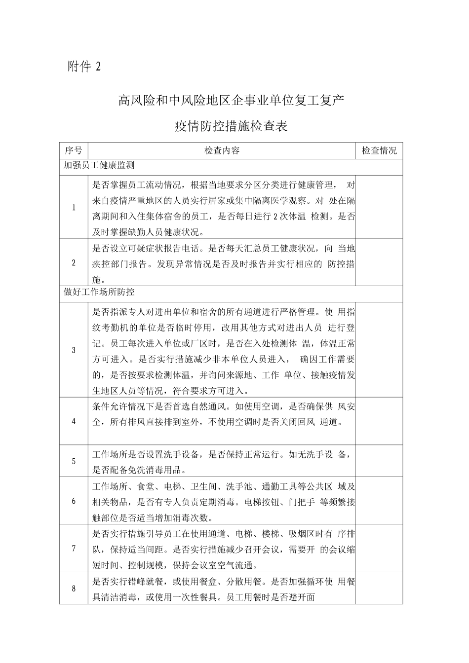 高风险和中风险地区企事业单位复工复产疫情防控措施检查表_第1页