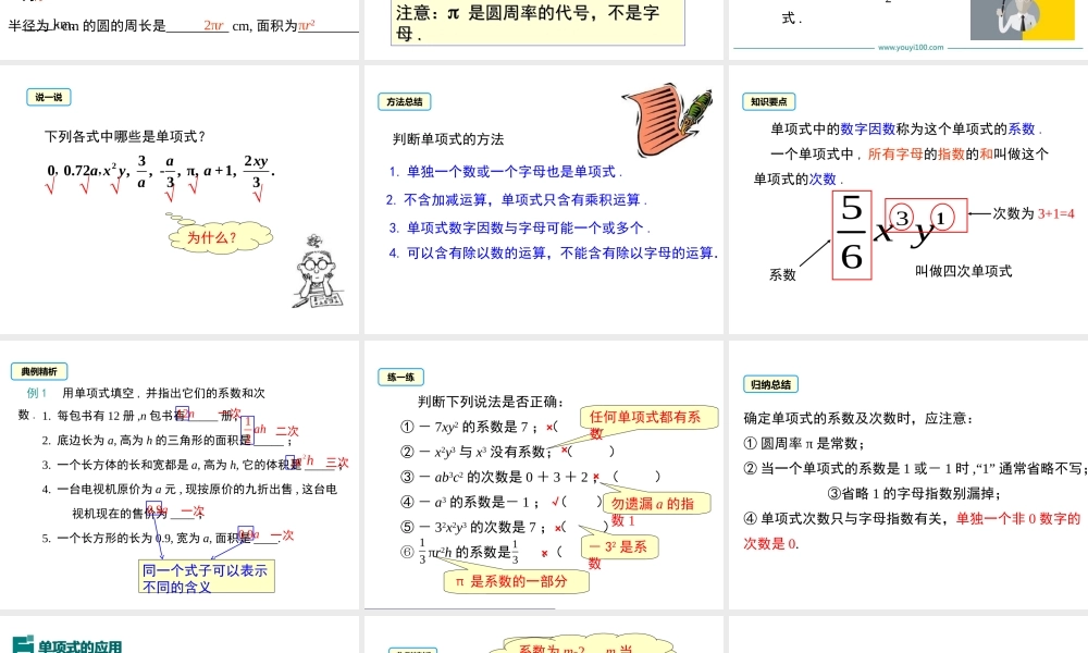（2025秋季）新人教版七年级数学上册2.1 第2课时 单项式 课件