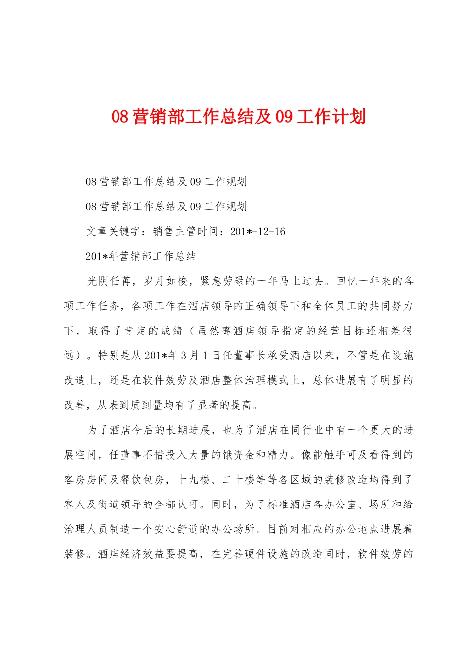 08营销部工作总结及09工作计划_第1页