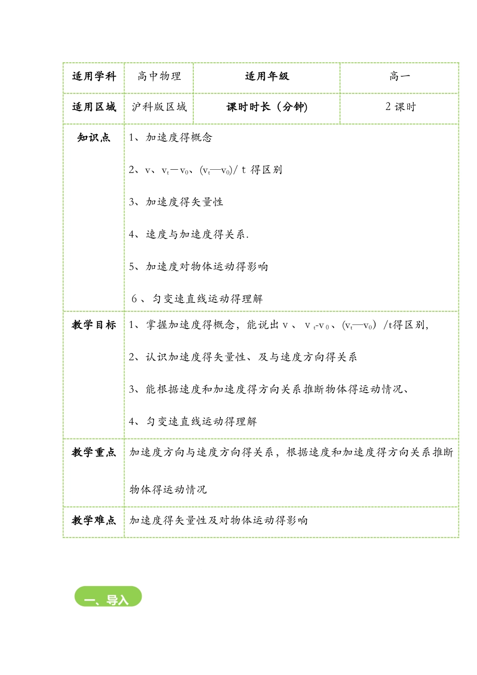 1.4速度和加速度 教案_第1页
