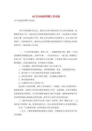 10月出纳试用期工作总结