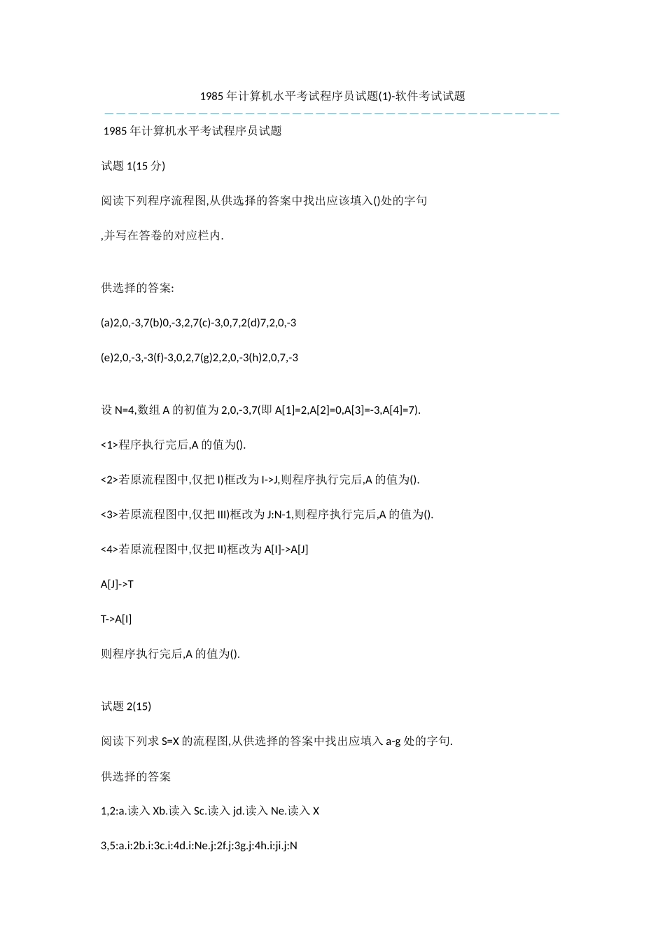 1985年计算机水平考试程序员试题-软件考试试题_第1页