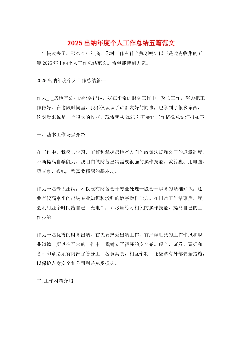 2021出纳年度个人工作总结五篇范文_第1页