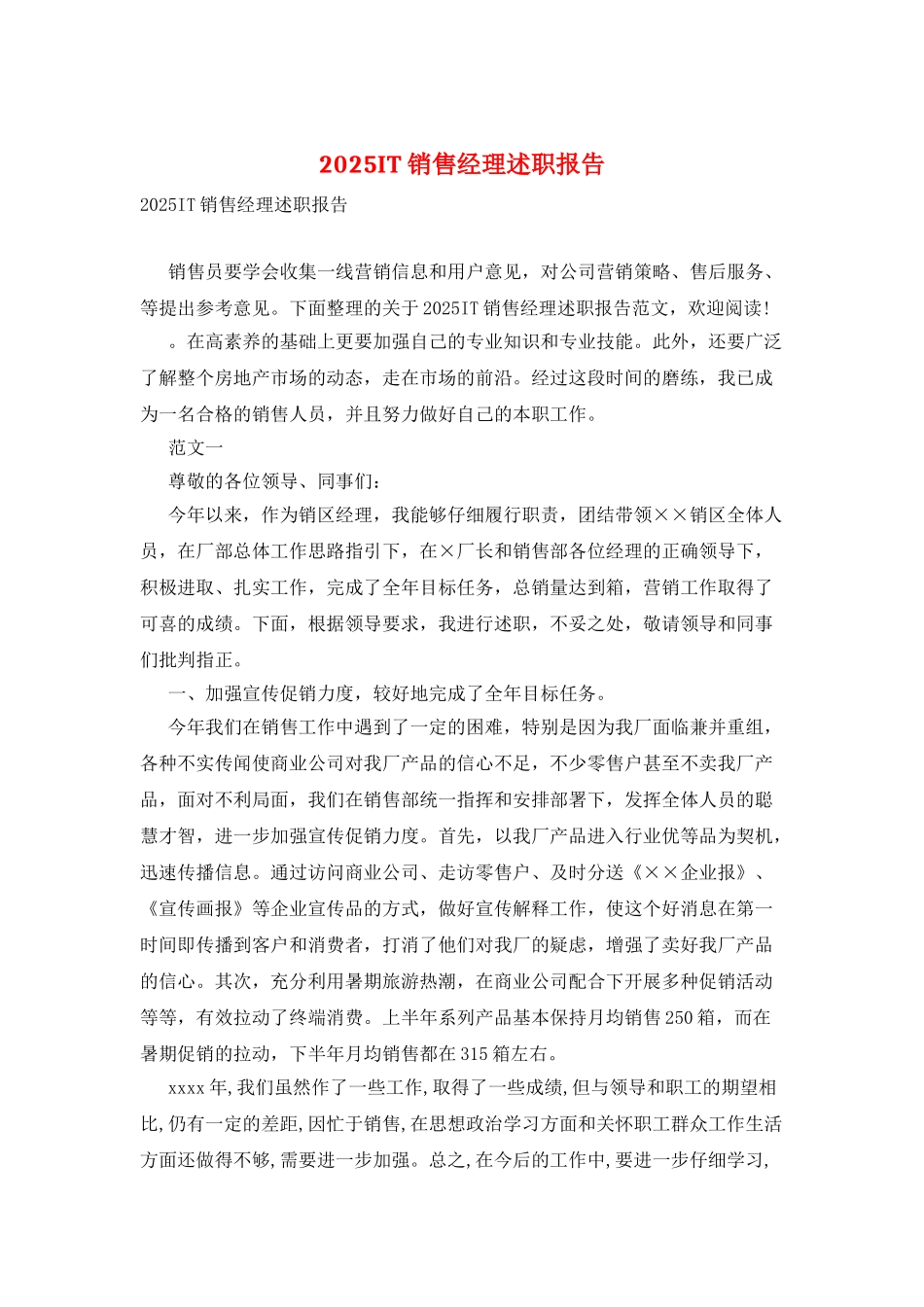 2025IT销售经理述职报告_第1页