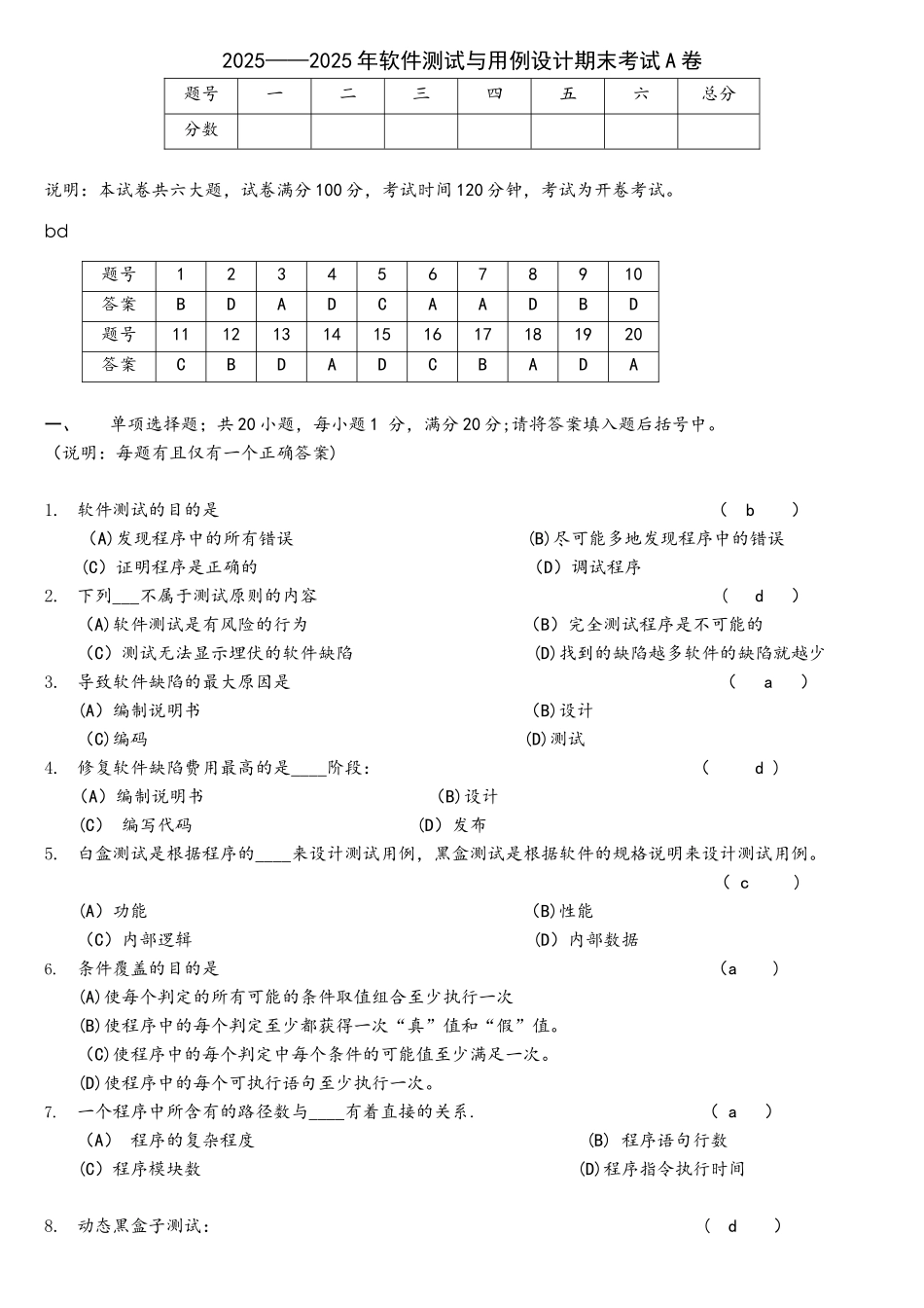 2025—2025年软件测试与用例设计期末考试题A卷_第1页