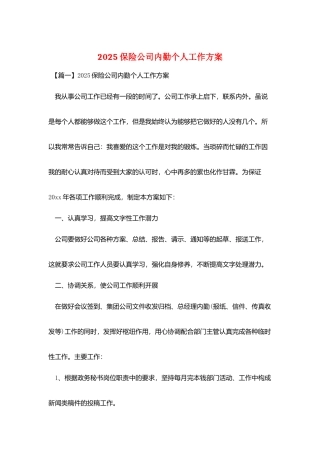 2025保险公司内勤个人工作计划