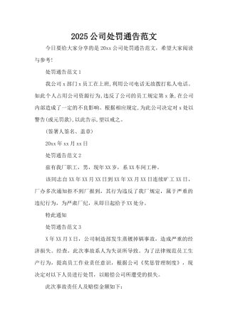 2025公司处罚通告范文（精编版）
