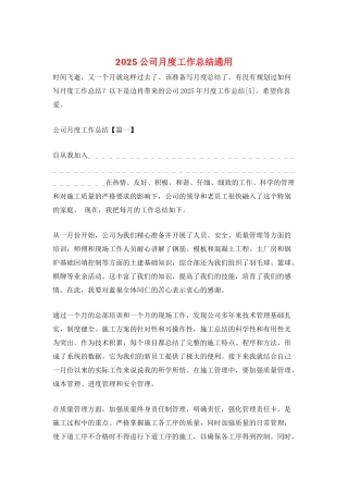 2025公司月度工作总结通用