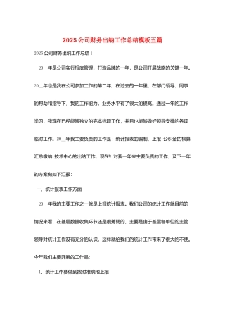 2025公司财务出纳工作总结模板五篇