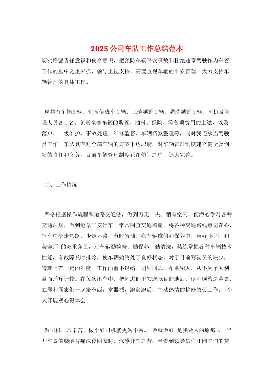 2025公司车队工作总结范本_第1页