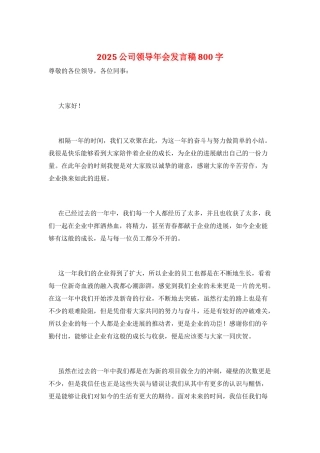 2025公司领导年会发言稿800字