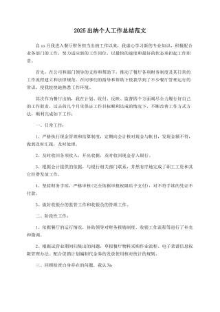 2025出纳个人工作总结范文