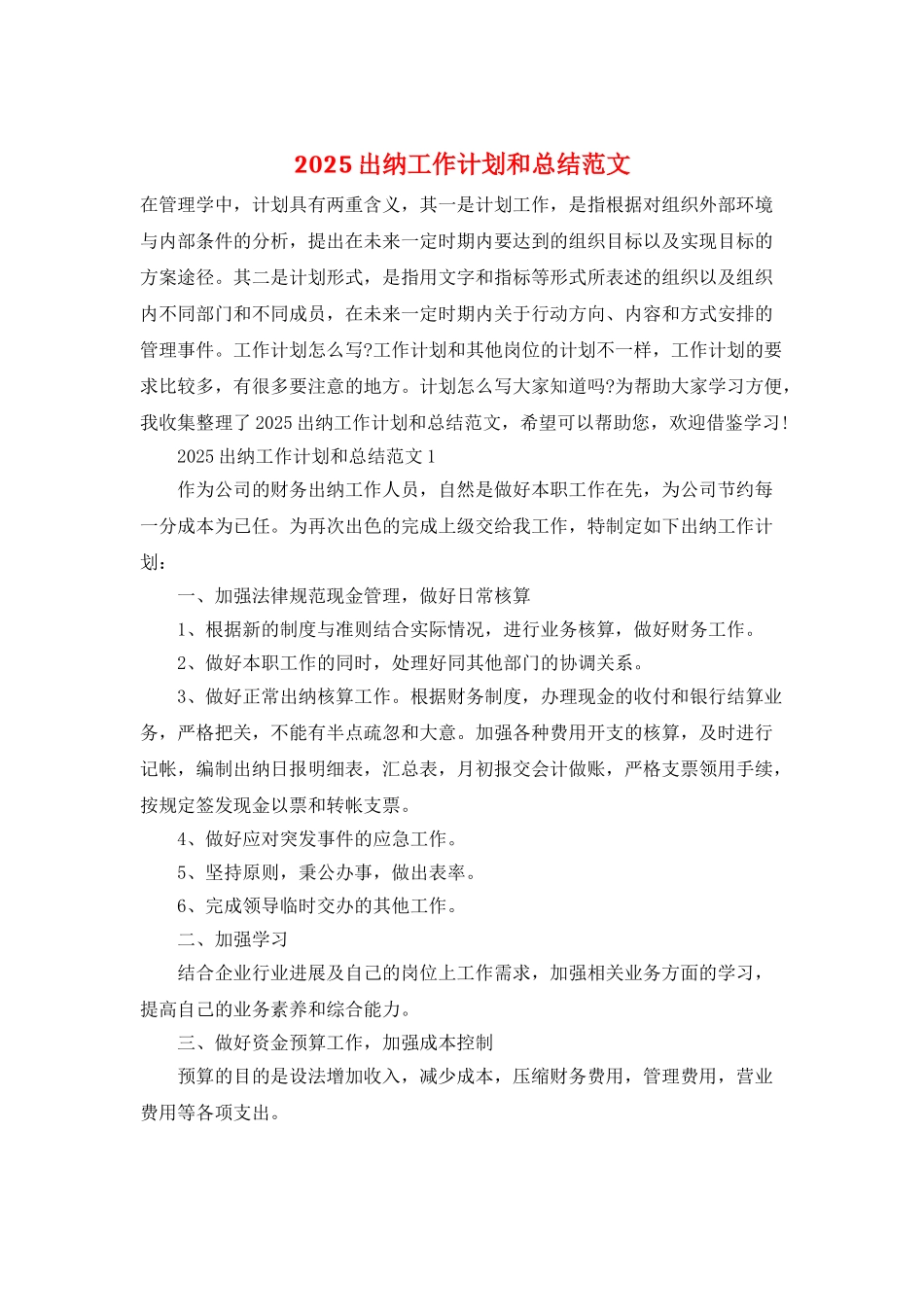 2025出纳工作计划和总结范文_第1页