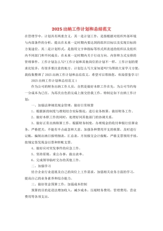 2025出纳工作计划和总结范文