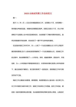 2025出纳试用期工作总结范文
