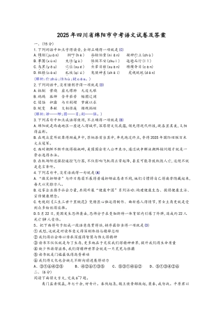 2025四川绵阳中考语文试题及答案解析