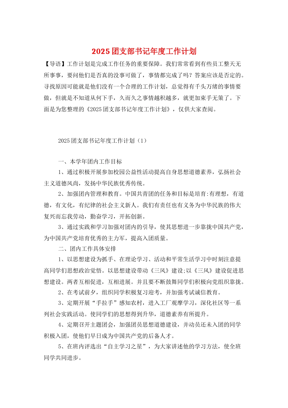 2025团支部书记年度工作计划_第1页
