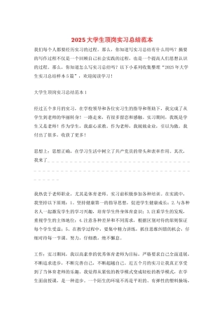 2025大学生顶岗实习总结范本