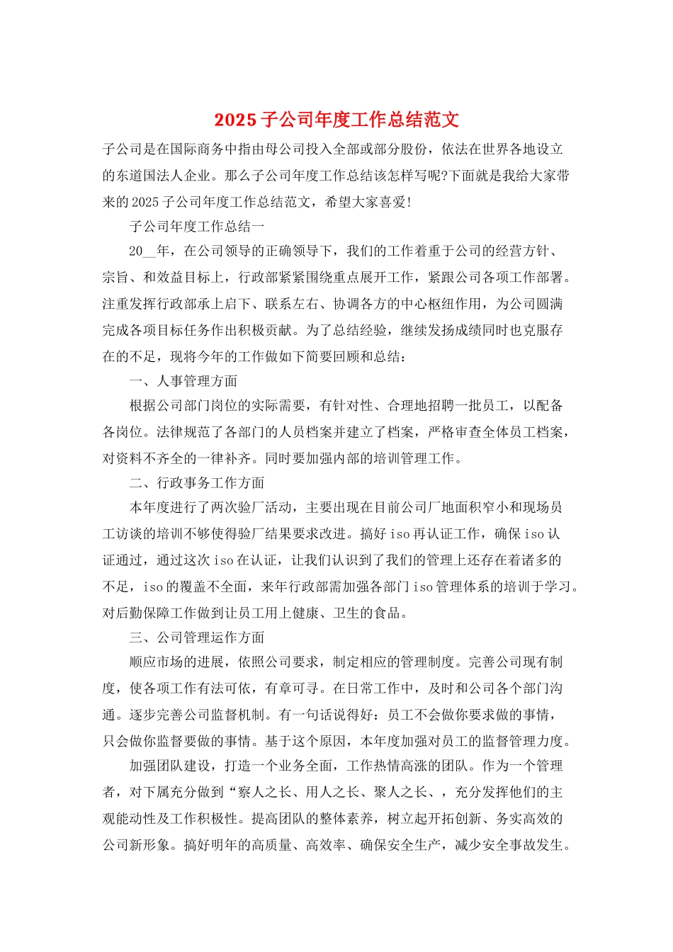 2025子公司年度工作总结范文_第1页