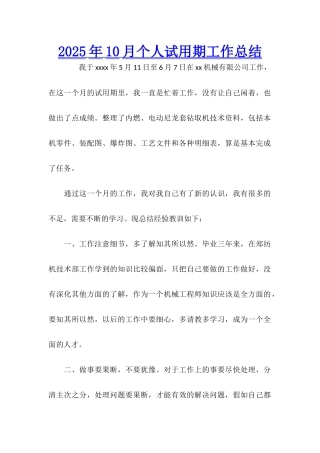 2025年10月个人试用期工作总结