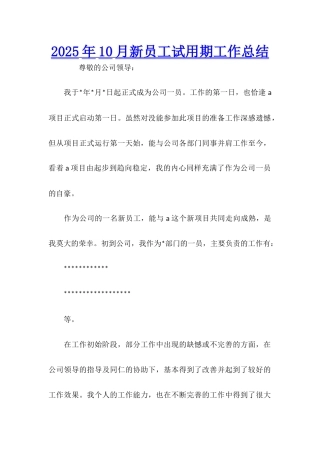 2025年10月新员工试用期工作总结