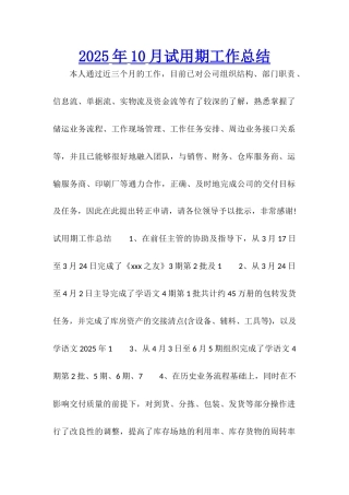 2025年10月试用期工作总结