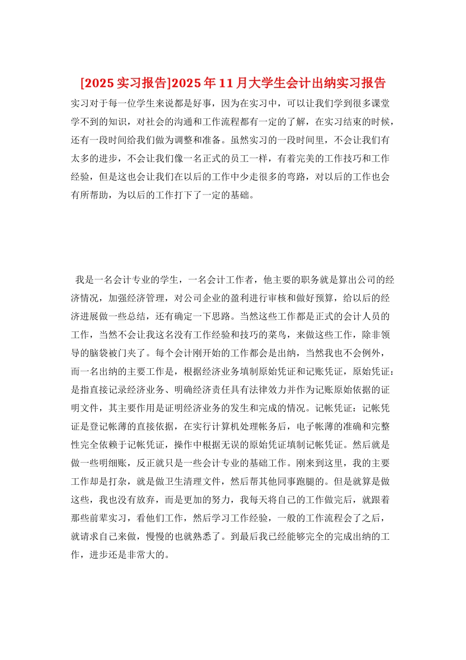 2025年11月大学生会计出纳实习报告_第1页