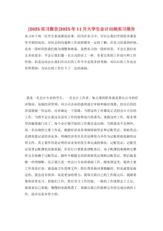 2025年11月大学生会计出纳实习报告