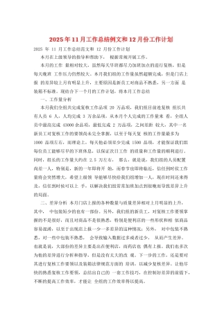 2025年11月工作总结例文和12月份工作计划