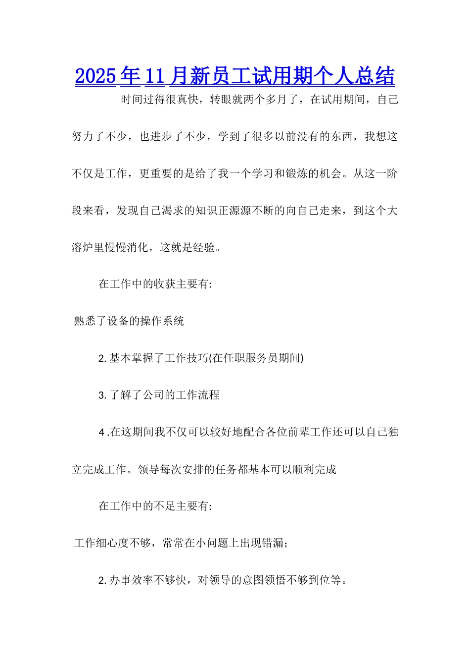 2025年11月新员工试用期个人总结_第1页