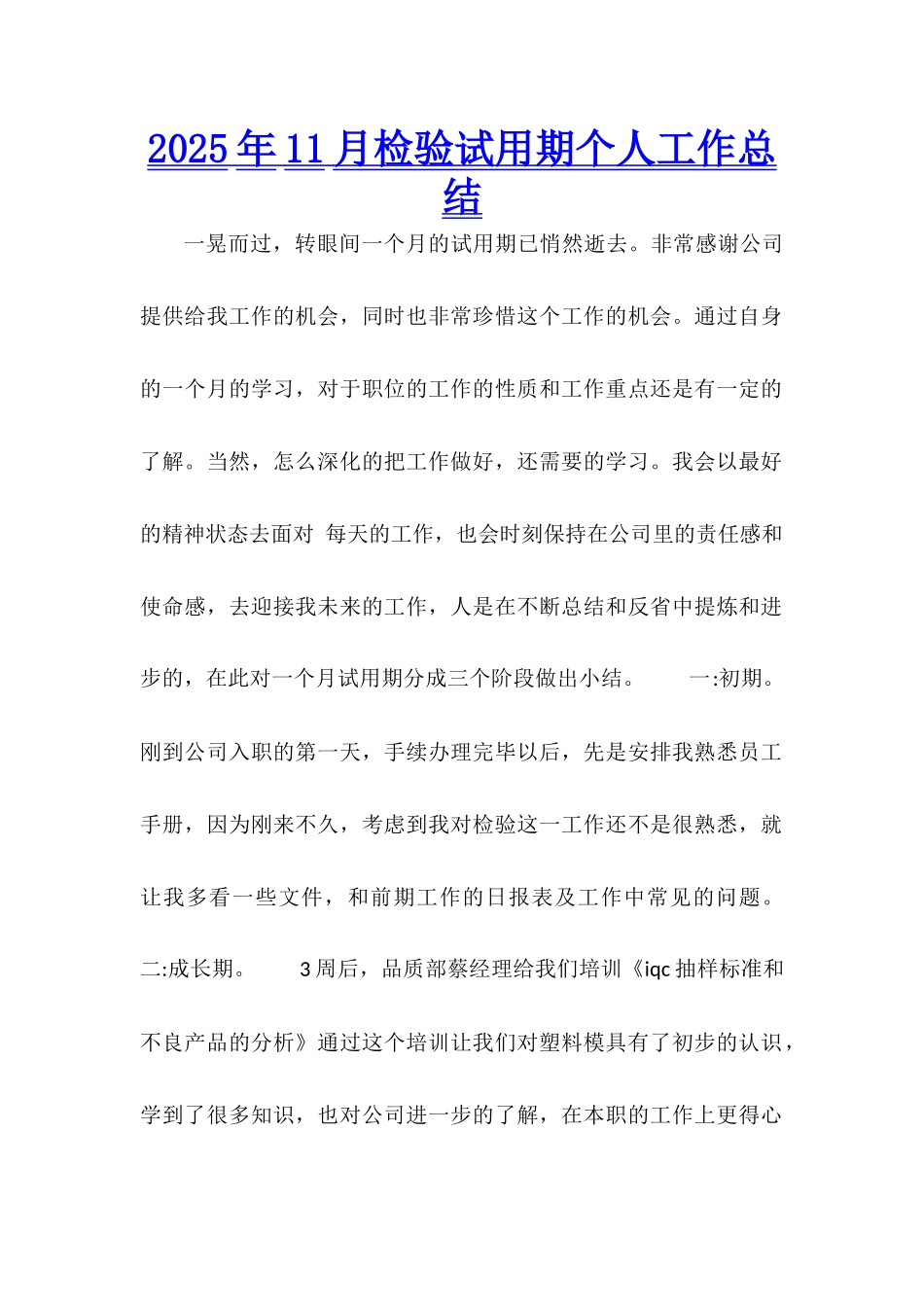 2025年11月检验试用期个人工作总结_第1页