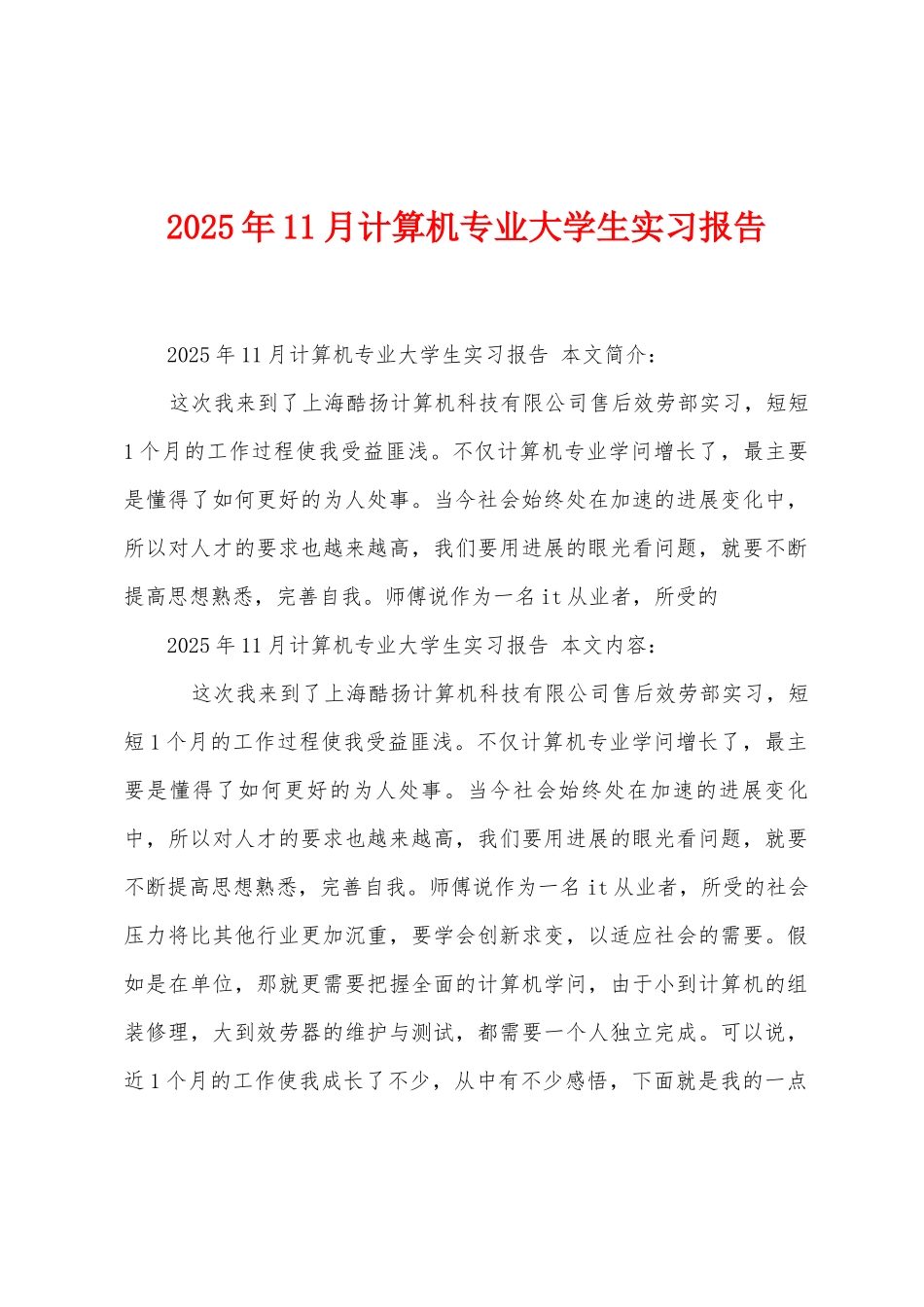 2025年11月计算机专业大学生实习报告_第1页