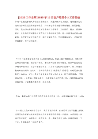2025年12月客户经理个人工作总结