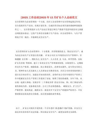 2025年12月矿长个人总结范文