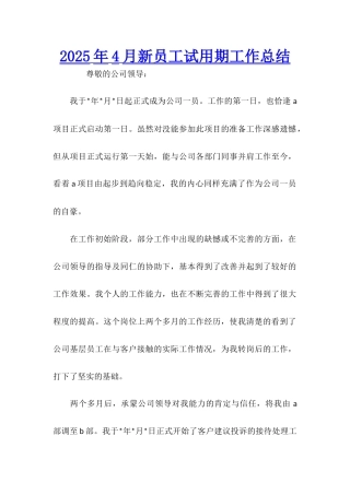 2025年4月新员工试用期工作总结