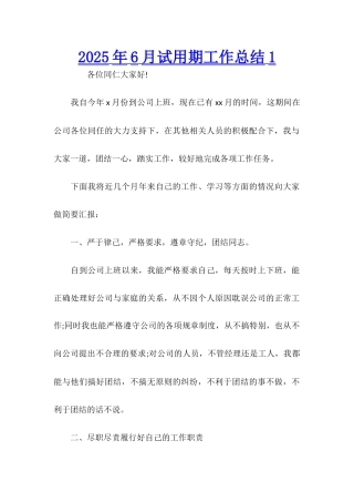 2025年6月试用期工作总结1